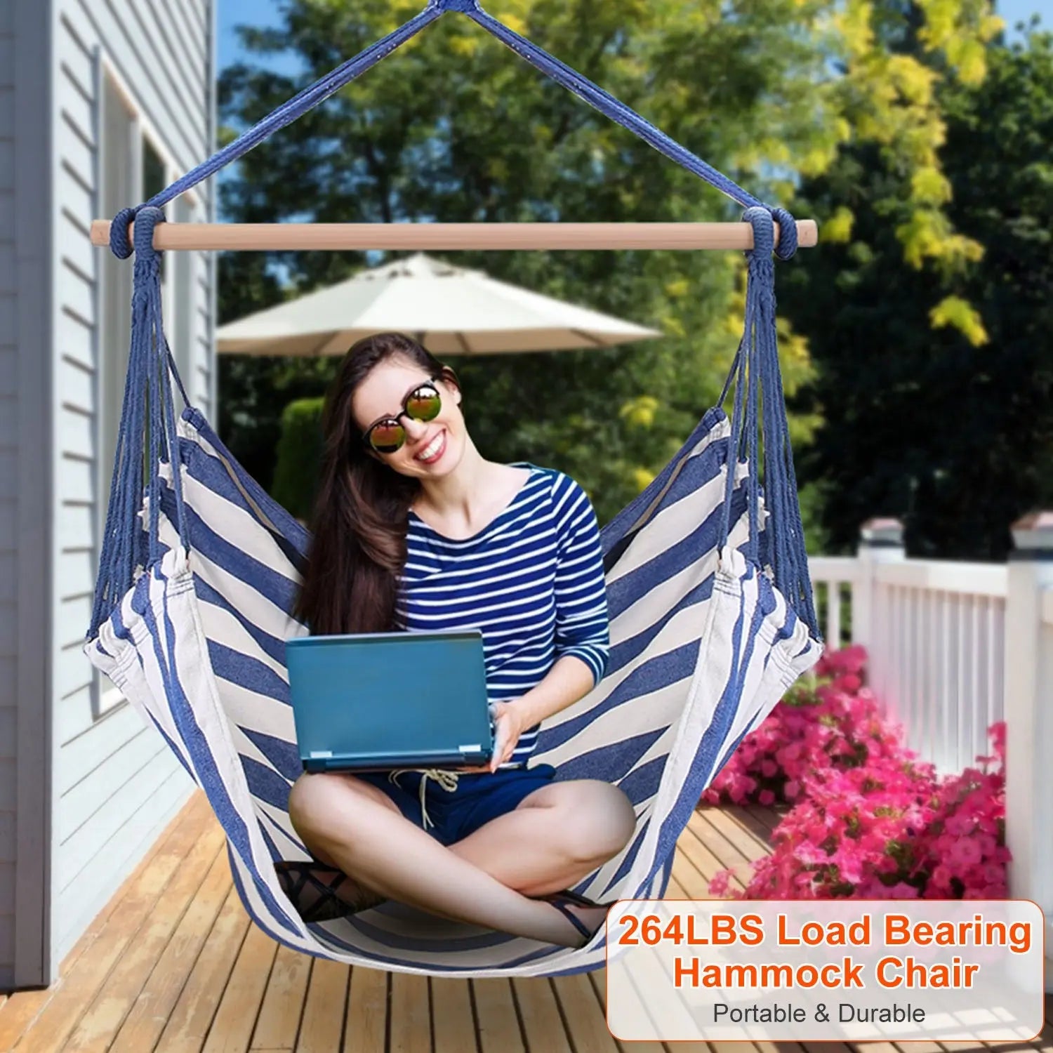 1Pc Hammock Hanging Chair Canvas Porch Patio Swing Seat Portable Camping Rope Seat Wooden Stick Hammock Chair With 2 Pillows 265LBS Load-bearing Smart Desion