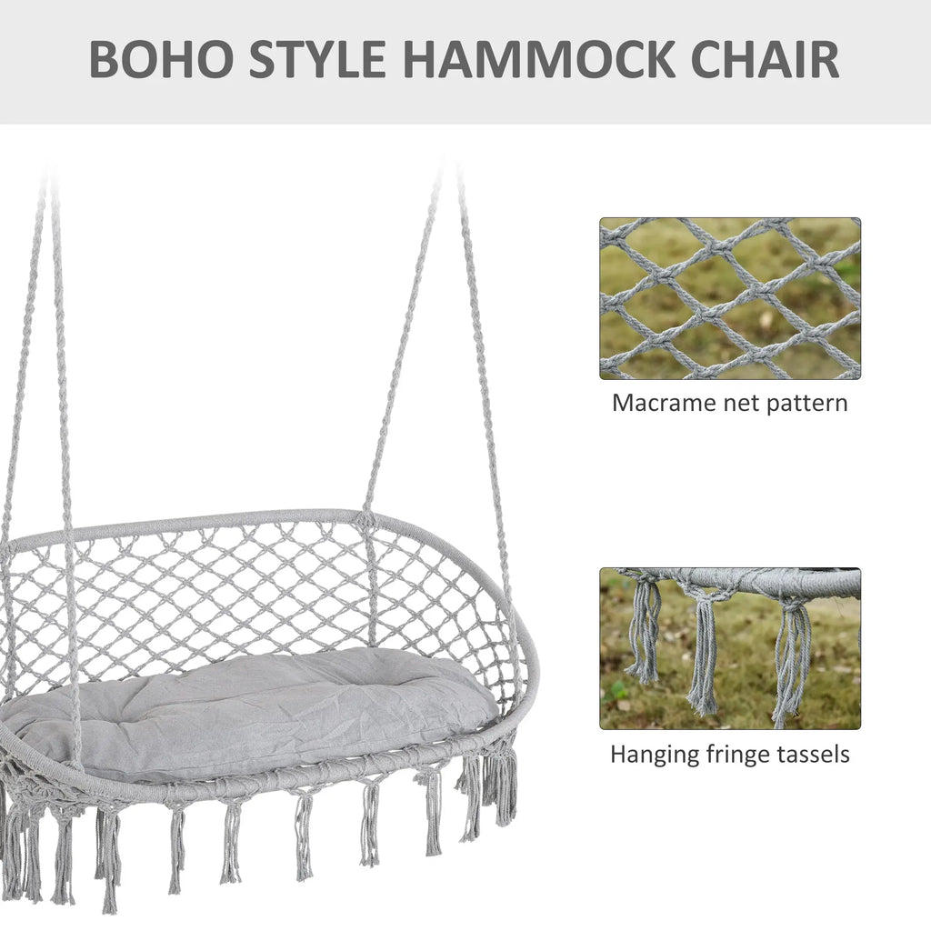 2-Person Hammock Chair Macrame Swing with Soft Cushion, Hanging Cotton Rope Chair for Indoor Outdoor Home Patio Backyard, Light Gray Smart Desion