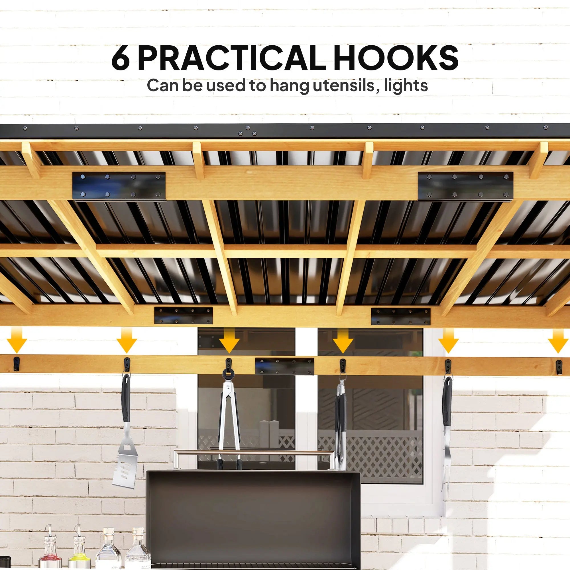 13 X 6 Wooden BBQ Grill Gazebo, Outdoor Hardtop Grill Gazebo With Metal Roof, 2 Bar Shelves And 6 Hooks, Natural Smart Desion