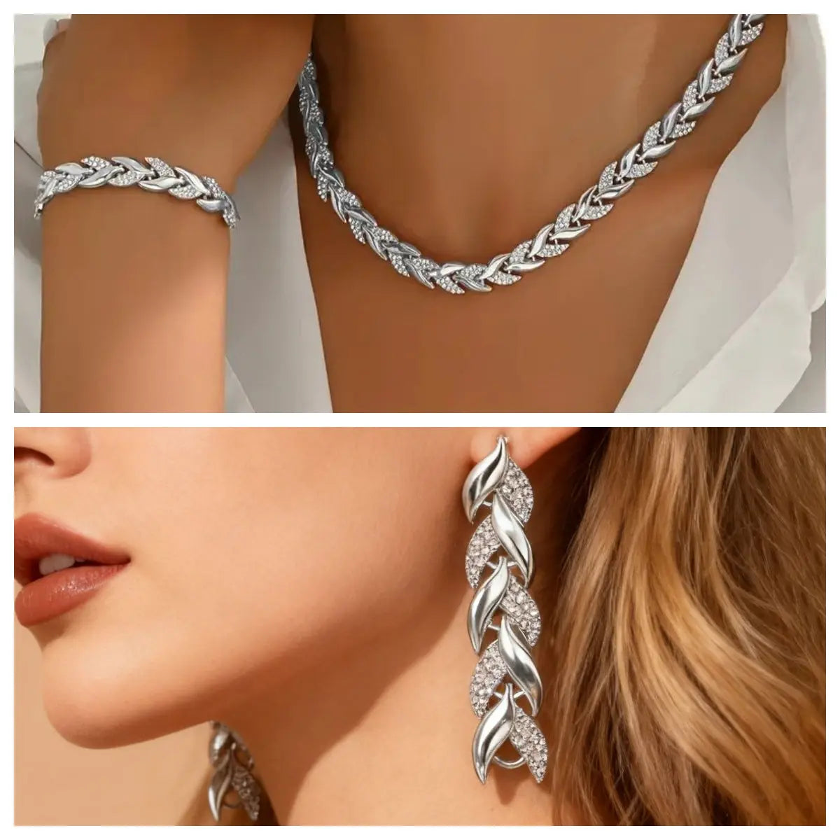 2PCS Glass Leaf Necklace Set Elegant Rhinestone Chain Necklace Bracelet For Women Fashion Luxury Jewelry Set Smart Desion