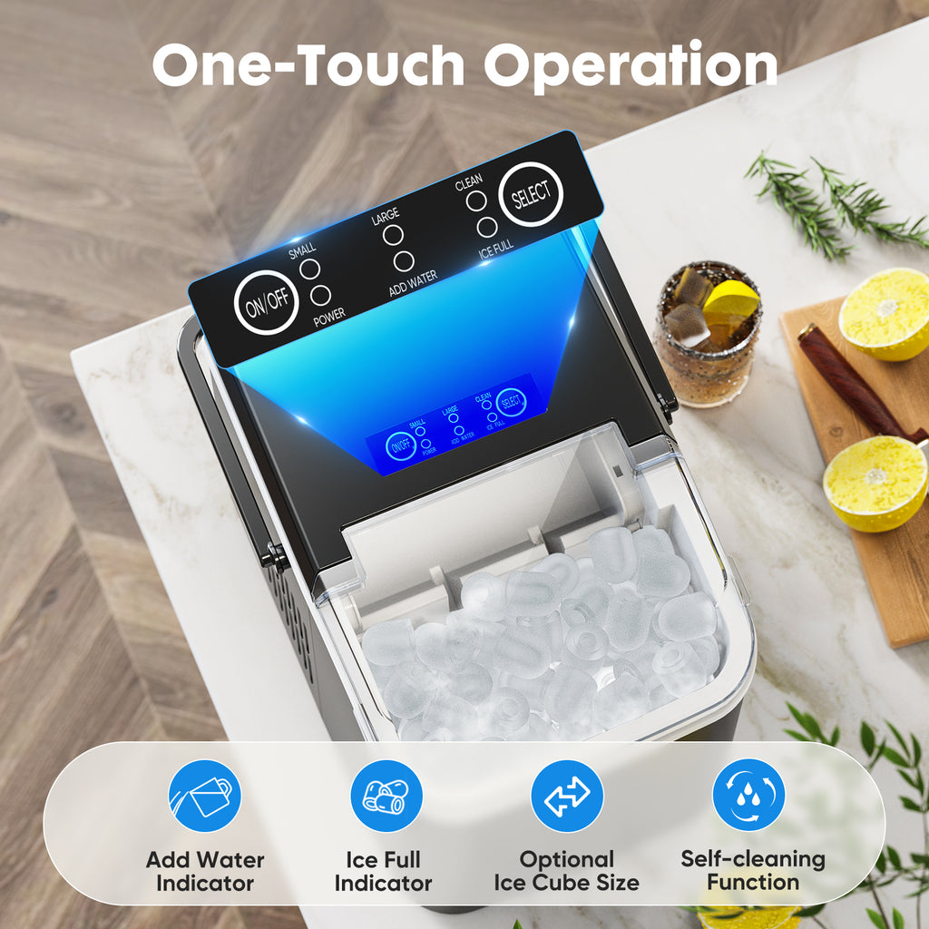 Portable Ice Maker – 9-Min Bullet Ice, 24 lbs/Day, Self-Cleaning, 2 Ice Sizes