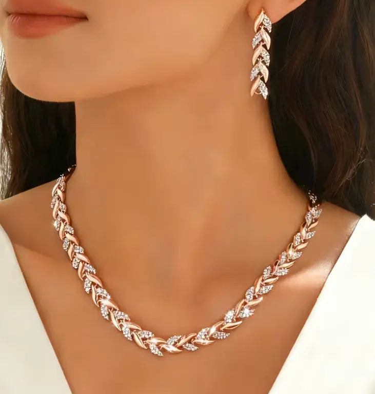 2PCS Glass Leaf Necklace Set Elegant Rhinestone Chain Necklace Bracelet For Women Fashion Luxury Jewelry Set Smart Desion