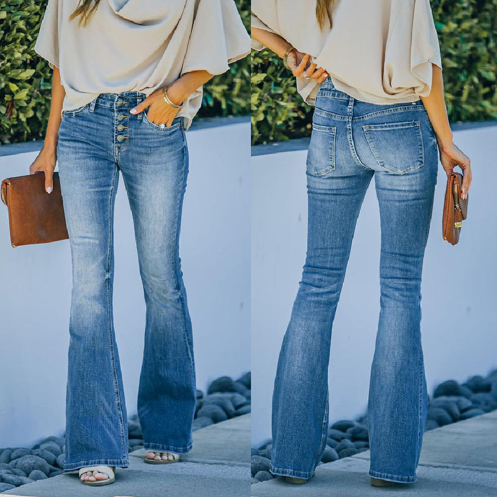 Women's High Waist Bell Bottom Jeans – Flare Leg, Stretch Denim, Ripped Hem