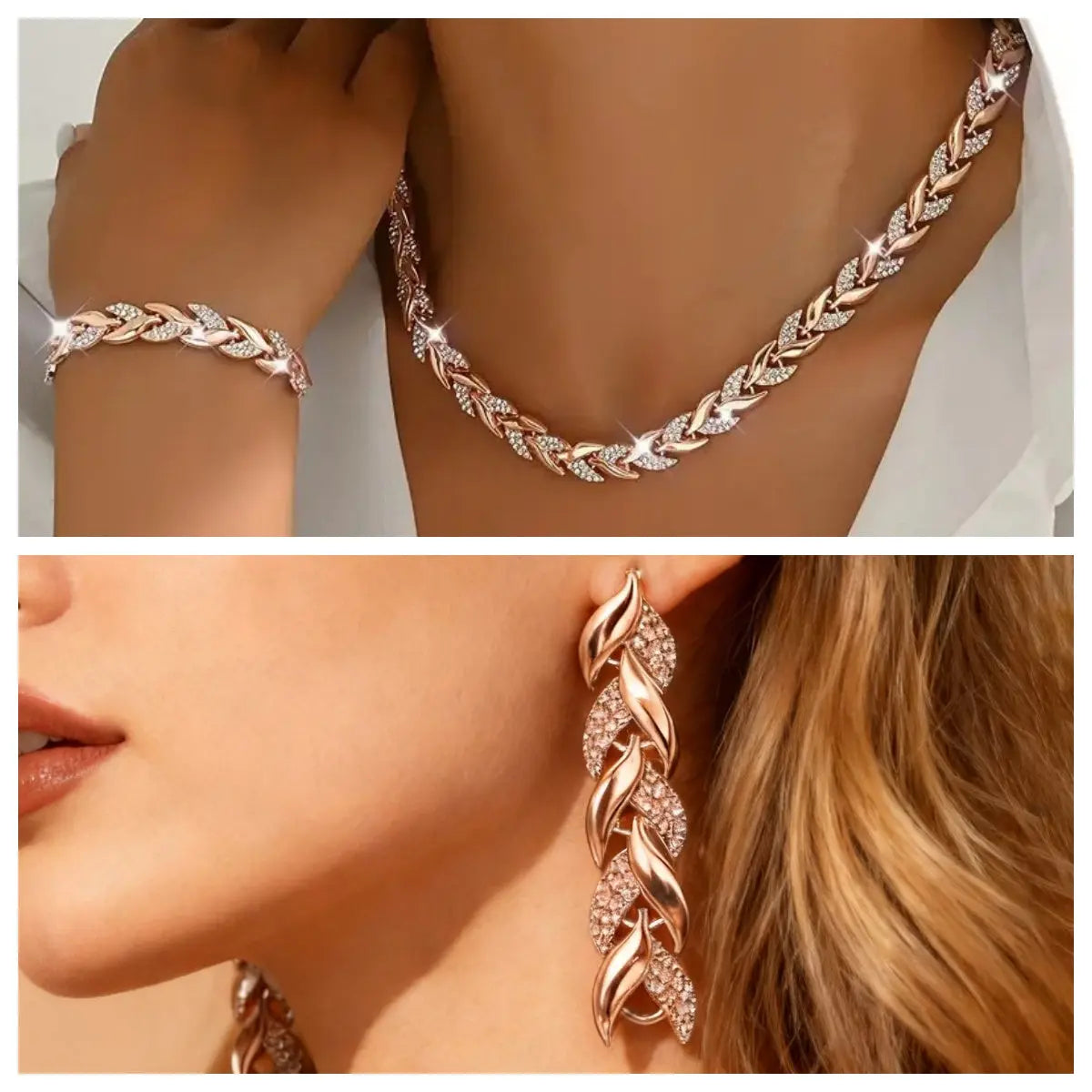 2PCS Glass Leaf Necklace Set Elegant Rhinestone Chain Necklace Bracelet For Women Fashion Luxury Jewelry Set Smart Desion