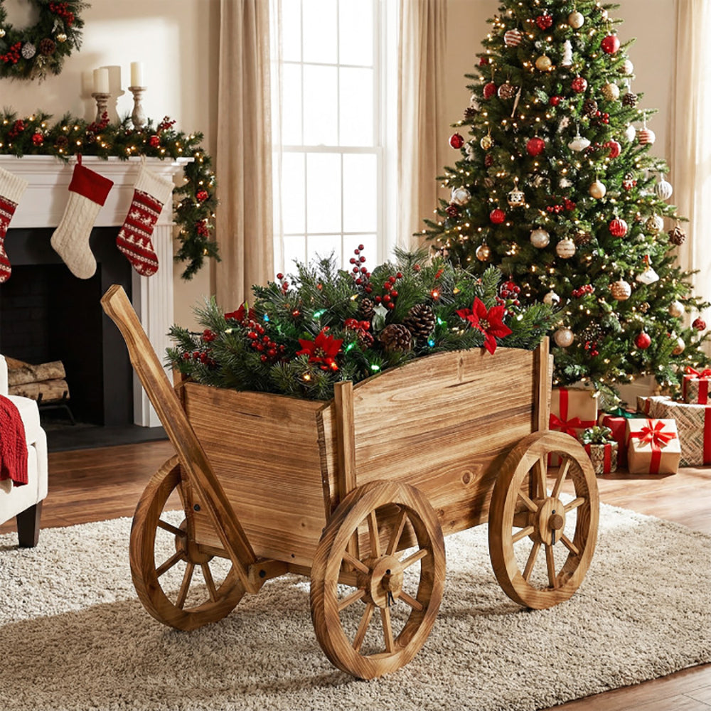 Rustic Rolling Flower Pot Stand – Fir Wood Wagon Planter with Wheels, Drainage & Handle