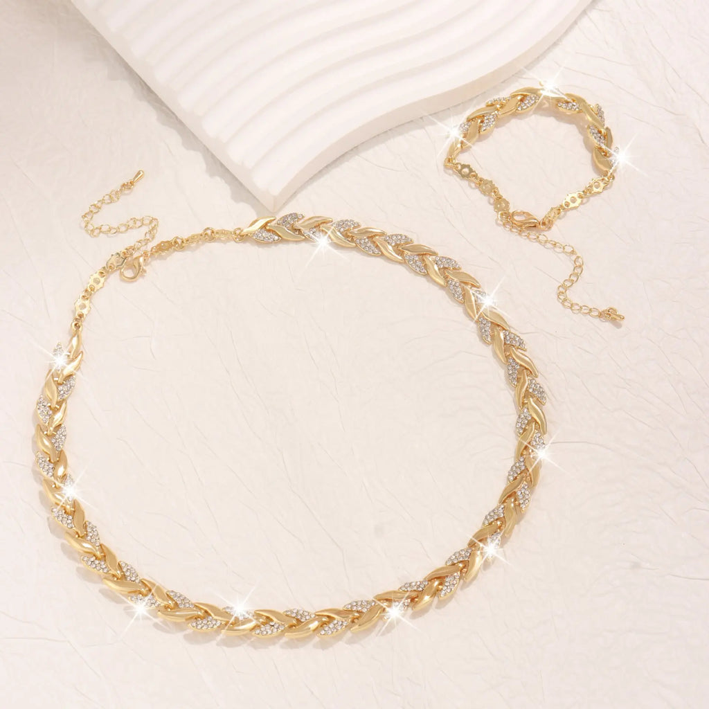 2PCS Glass Leaf Necklace Set Elegant Rhinestone Chain Necklace Bracelet For Women Fashion Luxury Jewelry Set Smart Desion