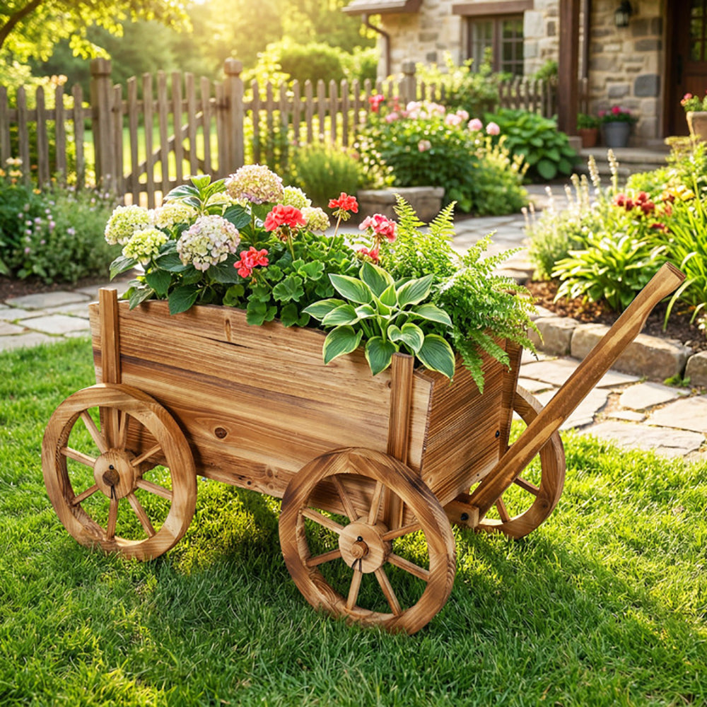 Rustic Rolling Flower Pot Stand – Fir Wood Wagon Planter with Wheels, Drainage & Handle