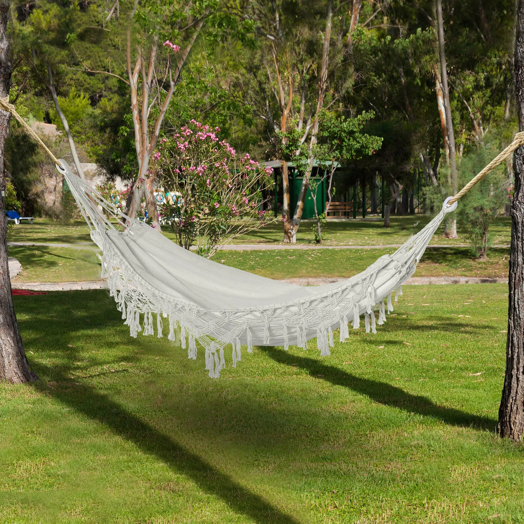 Extra Large Boho Hammock with Macrame Tassel Fringe, Includes Carrying Bag, Indoor Outdoor Tree Hammock for Porch, Backyard, Camping, White Smart Desion