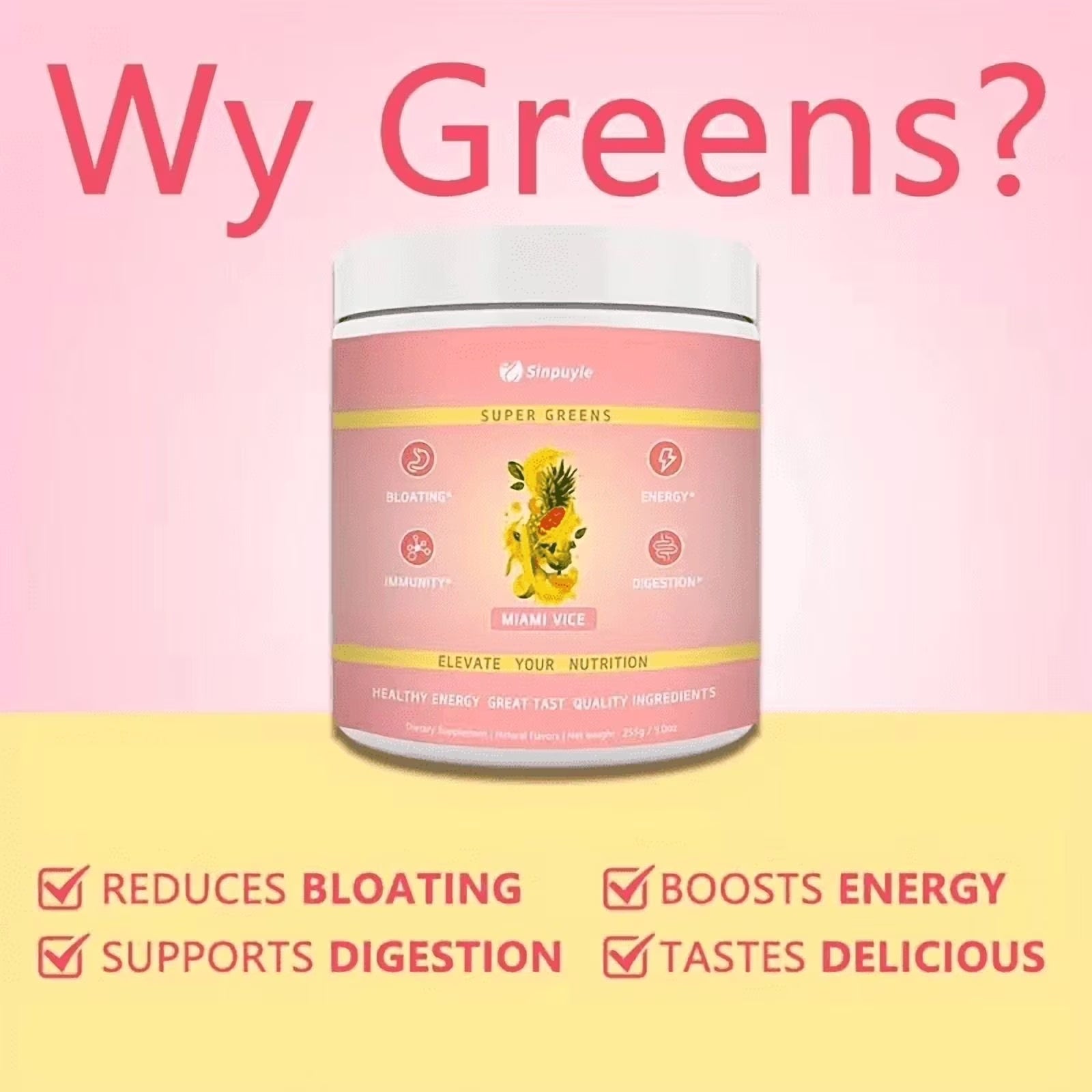 Super Greens Powder – Miami Vice Flavor, 255g, Energy, Digestion & Immunity Support