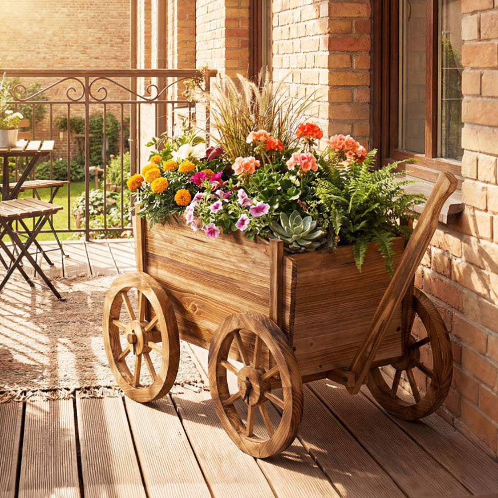 Rustic Rolling Flower Pot Stand – Fir Wood Wagon Planter with Wheels, Drainage & Handle