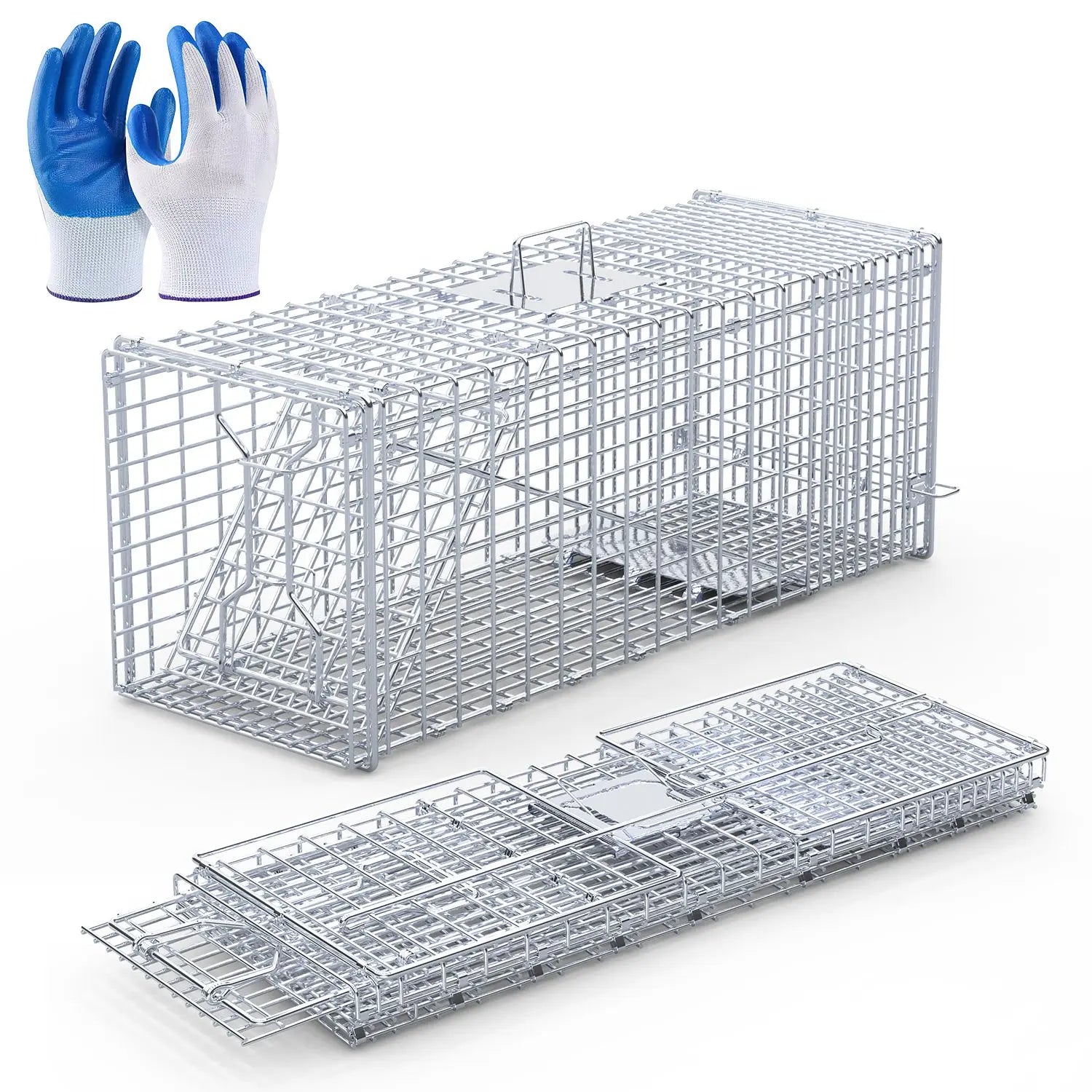 1Pc Live Animal Trap Cage 37x14x15in Folding Catch And Release Humane Cat Trap Galvanized Iron For Raccoons Foxes Coyotes Stray Dogs Armadillos Squirrels Smart Desion