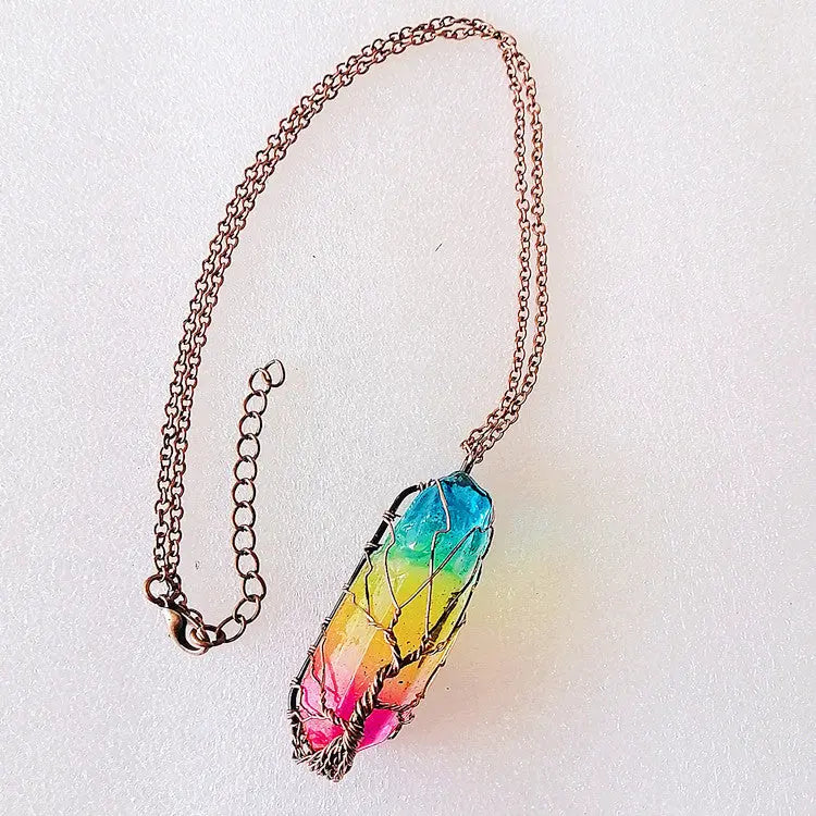 Hot Selling Stone Crystal Pillar Tree Of Life Pendant Ins Fashion Necklace Smart Desion