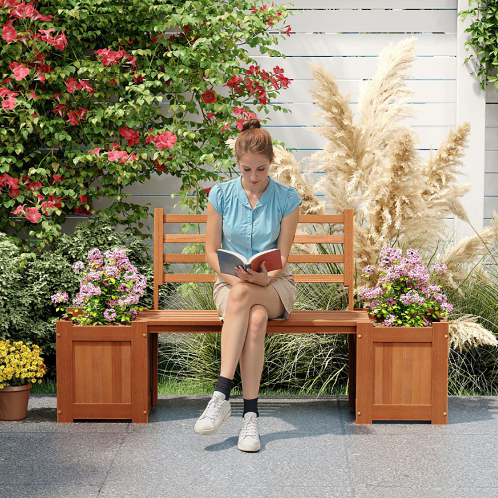 Outdoor Wooden Bench with Planter Boxes – 2-in-1 Hardwood Garden Bench, 330 lb Capacity