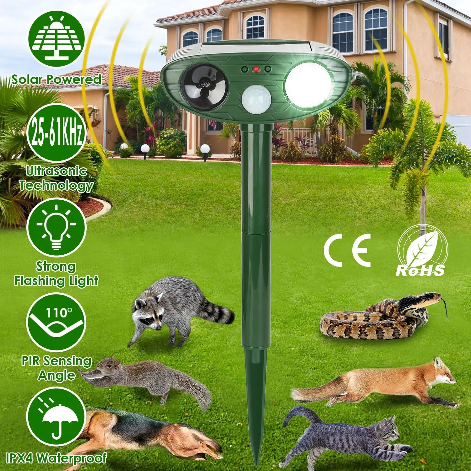 1Pc Solar Ultrasonic Animal Repeller PIR Sensor Animal Repellent Chaser With Flashing Light IPX4 Waterproof For Chasing Deer Raccoon Squirrel Rat Skunk Rabbit Mole Dog Cat Snake Smart Desion