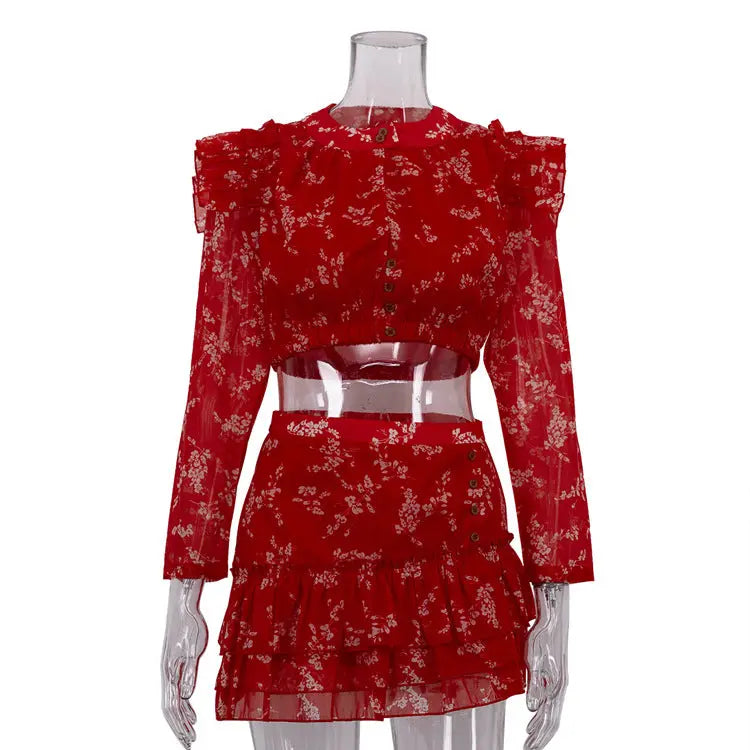 Round Neck Long-sleeved Cropped Top And Printed Skirt Two-piece Set Smart Desion