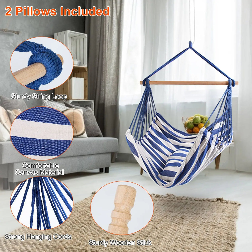 1Pc Hammock Hanging Chair Canvas Porch Patio Swing Seat Portable Camping Rope Seat Wooden Stick Hammock Chair With 2 Pillows 265LBS Load-bearing Smart Desion