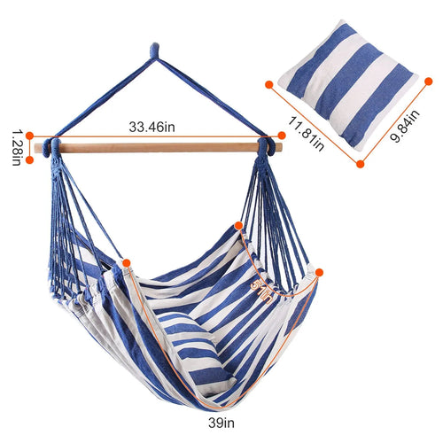 1Pc Hammock Hanging Chair Canvas Porch Patio Swing Seat Portable Camping Rope Seat Wooden Stick Hammock Chair With 2 Pillows 265LBS Load-bearing Smart Desion