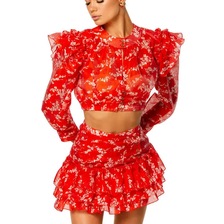 Round Neck Long-sleeved Cropped Top And Printed Skirt Two-piece Set Smart Desion