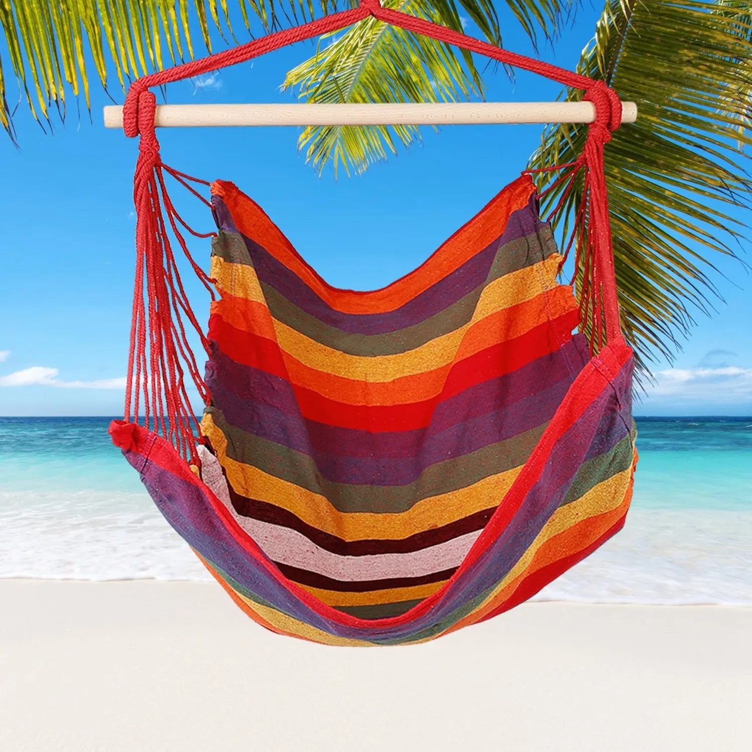 1Pc Hammock Hanging Chair Canvas Porch Patio Swing Seat Portable Camping Rope Seat Wooden Stick Hammock Chair With 2 Pillows 265LBS Load-bearing Smart Desion