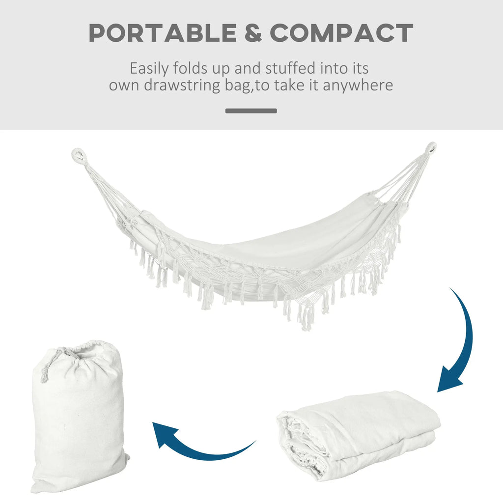 Extra Large Boho Hammock with Macrame Tassel Fringe, Includes Carrying Bag, Indoor Outdoor Tree Hammock for Porch, Backyard, Camping, White Smart Desion