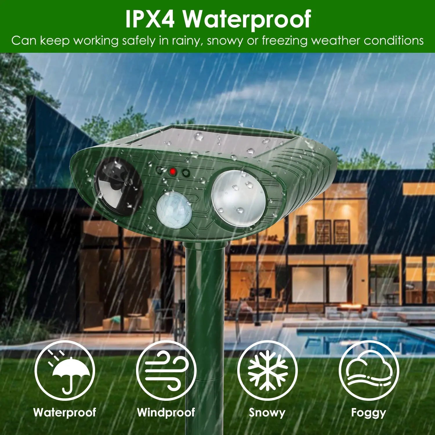 1Pc Solar Ultrasonic Animal Repeller PIR Sensor Animal Repellent Chaser With Flashing Light IPX4 Waterproof For Chasing Deer Raccoon Squirrel Rat Skunk Rabbit Mole Dog Cat Snake Smart Desion