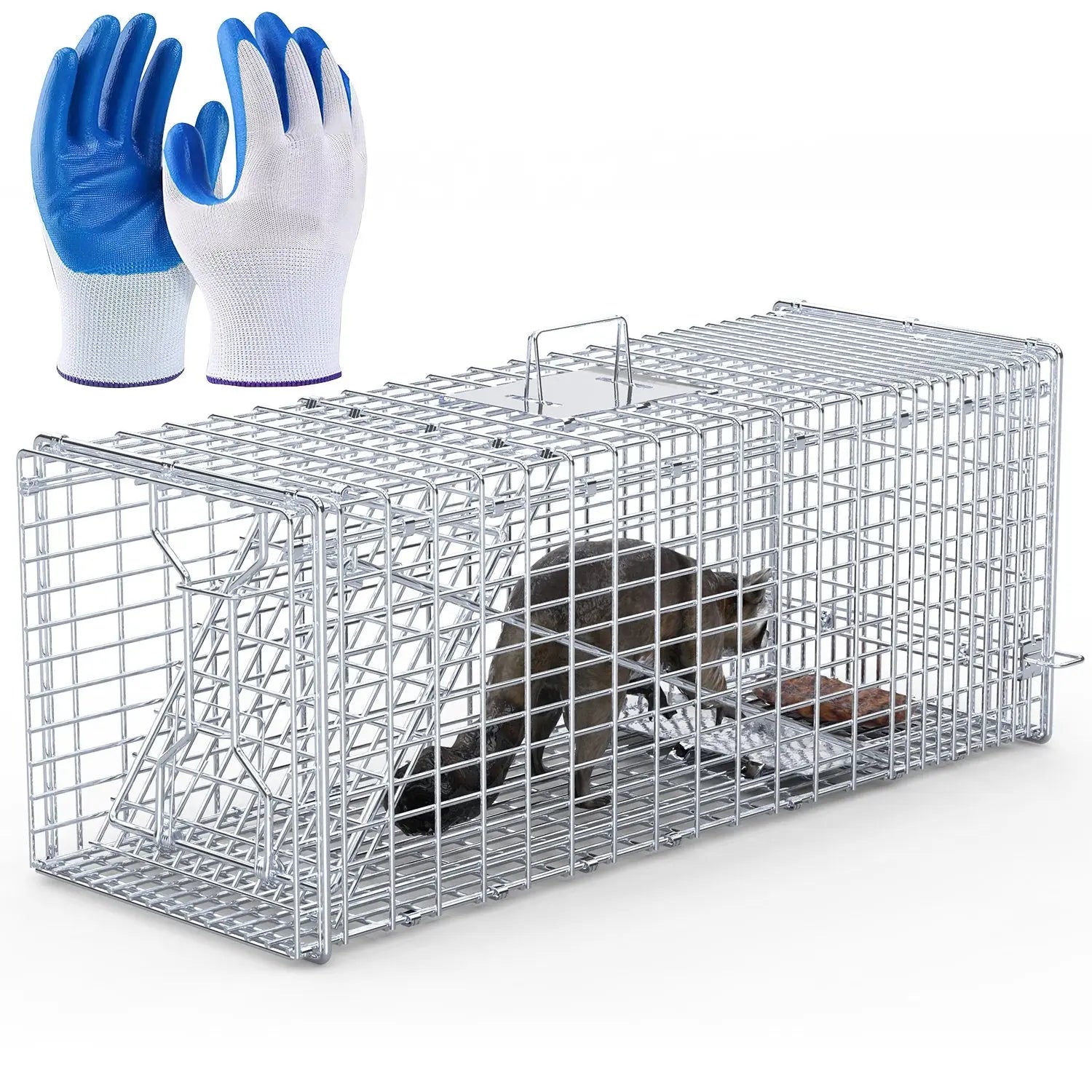 1Pc Live Animal Trap Cage 37x14x15in Folding Catch And Release Humane Cat Trap Galvanized Iron For Raccoons Foxes Coyotes Stray Dogs Armadillos Squirrels Smart Desion