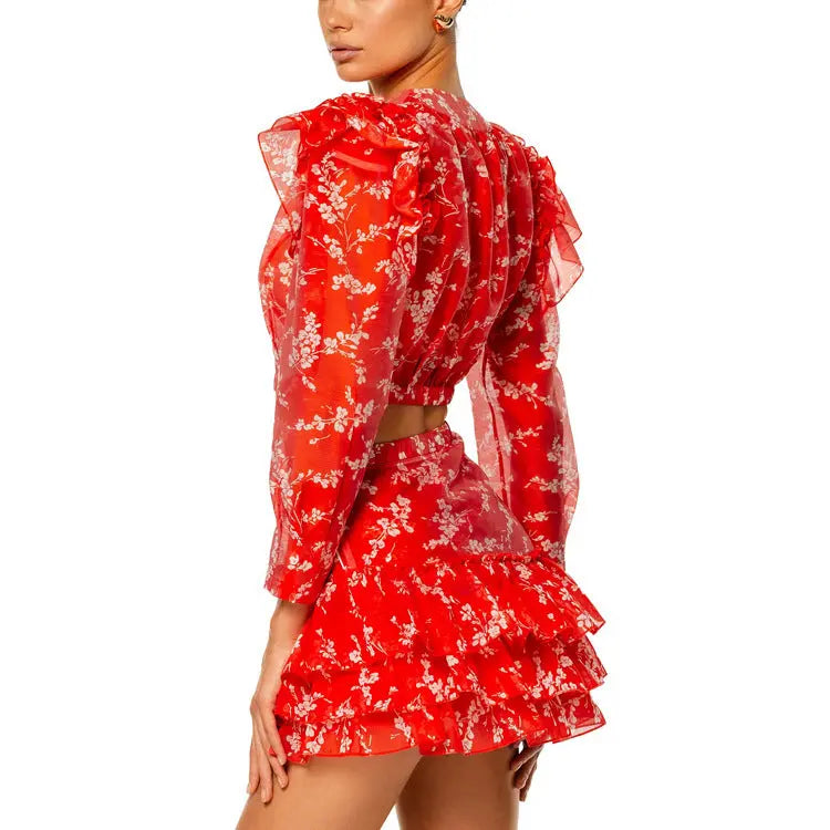 Round Neck Long-sleeved Cropped Top And Printed Skirt Two-piece Set Smart Desion