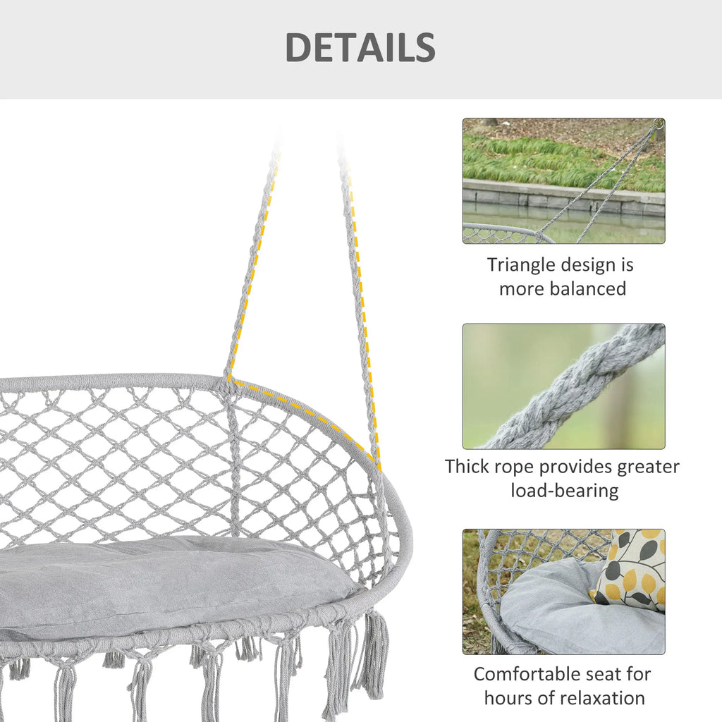 2-Person Hammock Chair Macrame Swing with Soft Cushion, Hanging Cotton Rope Chair for Indoor Outdoor Home Patio Backyard, Light Gray Smart Desion