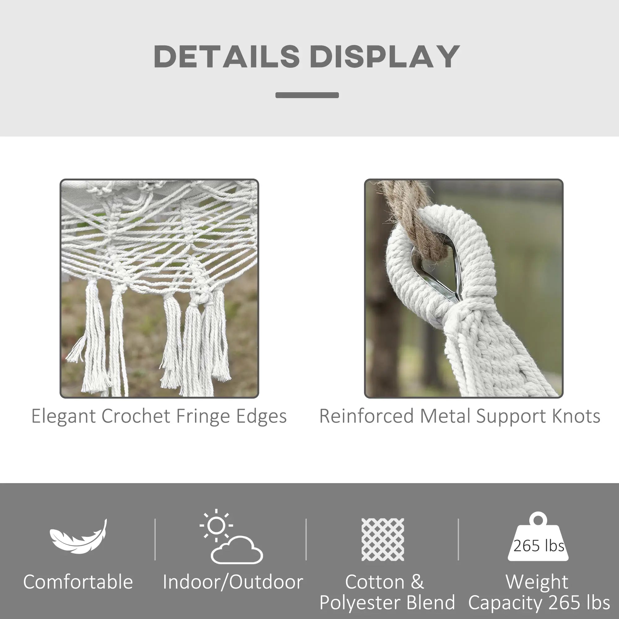 Extra Large Boho Hammock with Macrame Tassel Fringe, Includes Carrying Bag, Indoor Outdoor Tree Hammock for Porch, Backyard, Camping, White Smart Desion