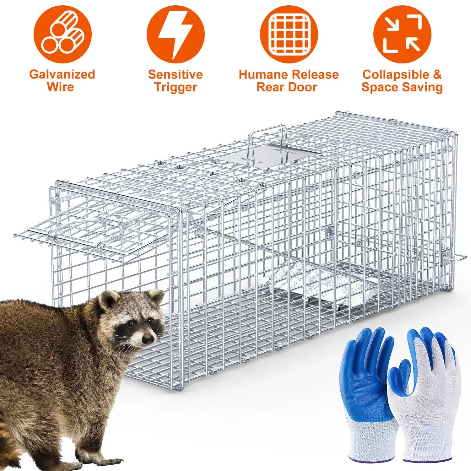 1Pc Live Animal Trap Cage 37x14x15in Folding Catch And Release Humane Cat Trap Galvanized Iron For Raccoons Foxes Coyotes Stray Dogs Armadillos Squirrels Smart Desion