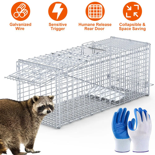1Pc Live Animal Trap Cage 37x14x15in Folding Catch And Release Humane Cat Trap Galvanized Iron For Raccoons Foxes Coyotes Stray Dogs Armadillos Squirrels Smart Desion