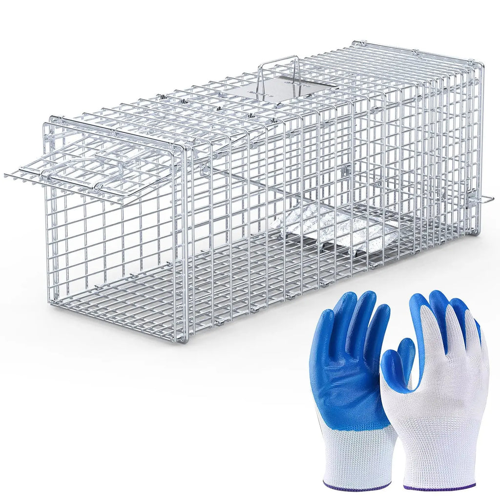 1Pc Live Animal Trap Cage 37x14x15in Folding Catch And Release Humane Cat Trap Galvanized Iron For Raccoons Foxes Coyotes Stray Dogs Armadillos Squirrels Smart Desion