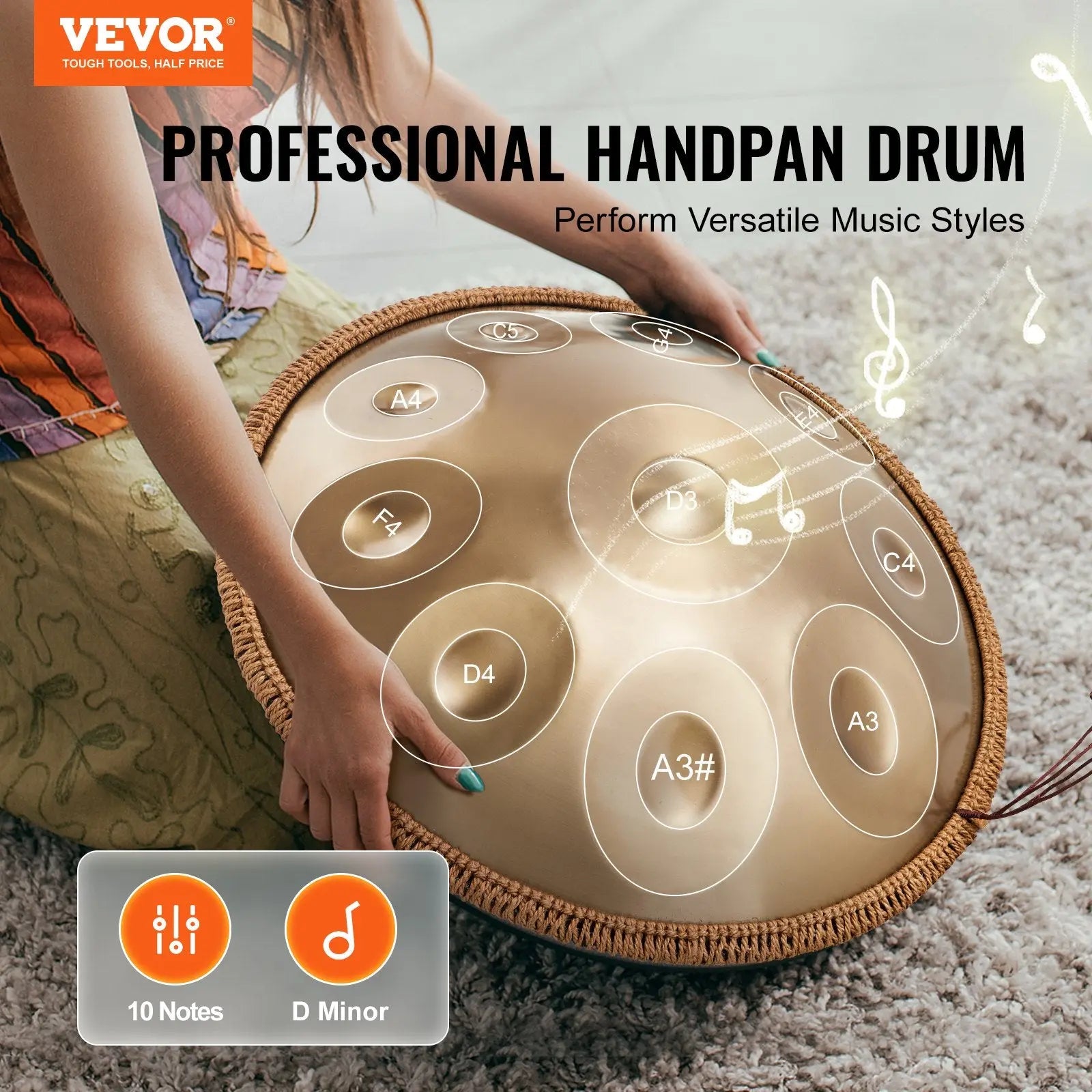 Handpan Drum 22 In 10 Notes D Minor Hand Drum Instrument With Mallet Smart Desion