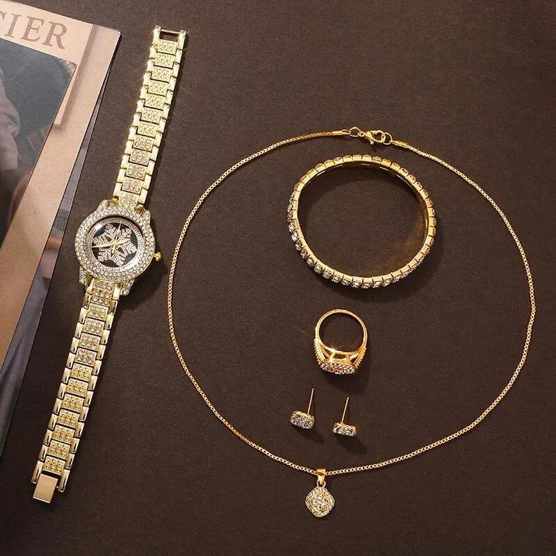 Rhinestone Jewelry 5-Piece Set – Snowflake Watch, Necklace, Bracelet, Ring & Earrings