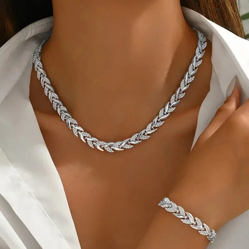 2PCS Glass Leaf Necklace Set Elegant Rhinestone Chain Necklace Bracelet For Women Fashion Luxury Jewelry Set Smart Desion